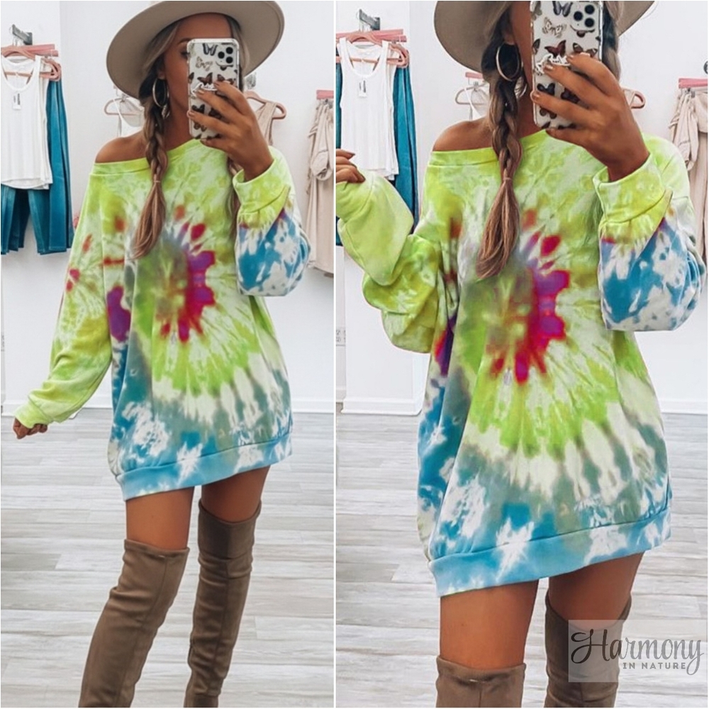 Harmony In Nature Vibrant Tie-Dye Long Sleeve Dress